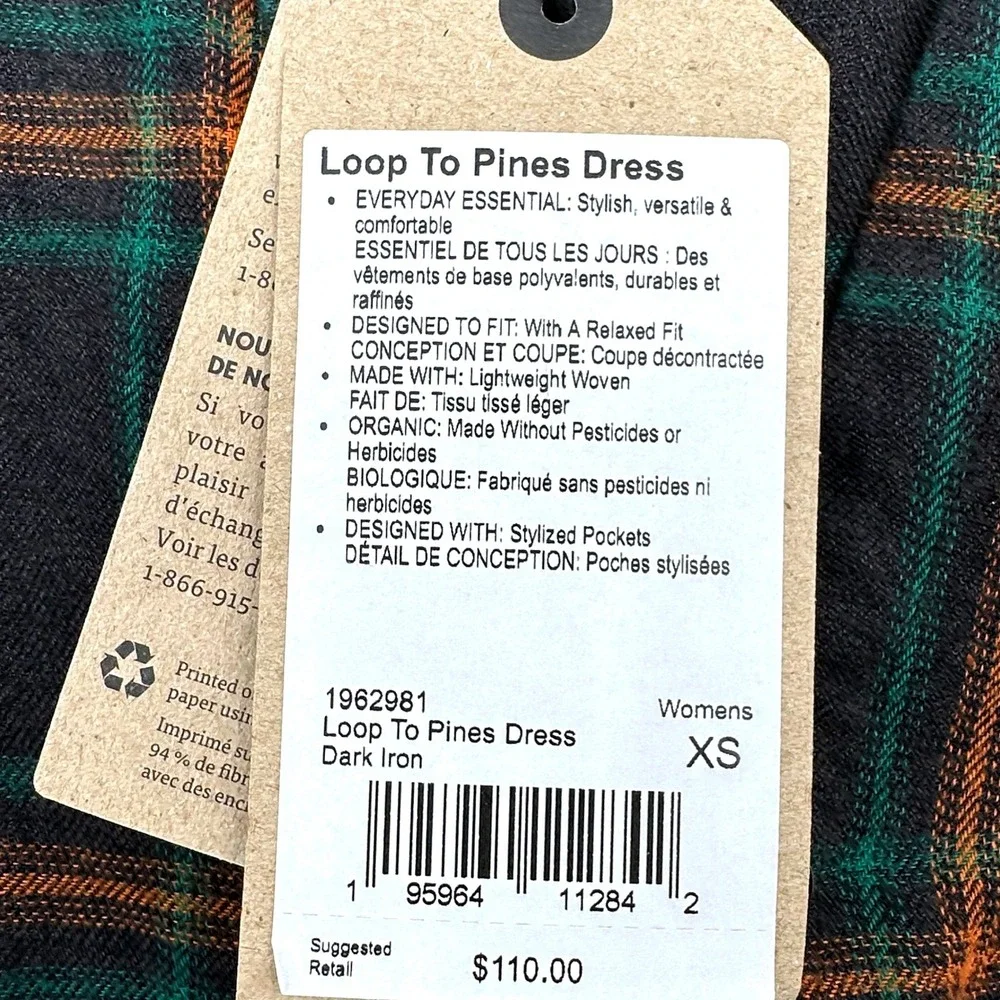prAna Loop To Pines Dress Womens XS Dark Iron Plaid Organic Cotton 1962981 NEW